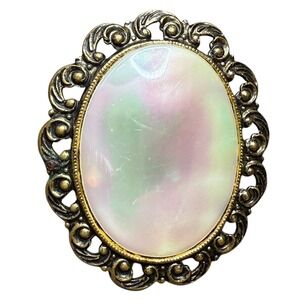 Vintage 1960s Western Germany Oval Mother of Pearl Brooch Costume Jewelry Pin